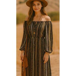 Gilli Womans Midi Dress S Rayon Black Gold Boho Chic Date Night Whimsygoth